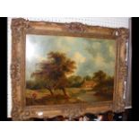 Antique oil on board of lake and cottage scene - 3
