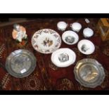 Pewter plates, antique cups and saucers