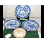 Three blue and white oriental plates, together wit