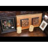 Still life painting, oriental carved plaque, etc.