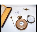 A 15ct gold stick pin, gold plated watch and a fob