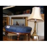 Antique footstool, together with table lamp