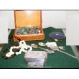 Silver trinket box, spoons, costume jewellery