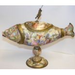 A rare 19th century enamel fish on stand, having N