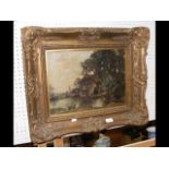 Antique oil on canvas of country lake scene in gil