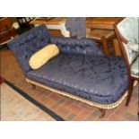 Antique chaise longue upholstered in dark blue bro