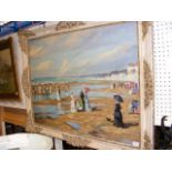 Oil on canvas of seaside beach scene with signatur