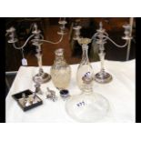 A pair of silver plated candelabra, decanter, etc.