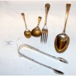 Silver sugar tongs, spoon, etc.