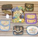 Old silk embroidered oriental purses, ceramic ware