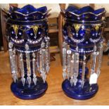 A pair of Victorian blue glass lustres - 37cm high