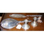 Silver back dressing table mirror, candlesticks, e