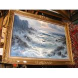 An oil on canvas of stormy shoreline scene - signe