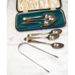 Silver teaspoons, sugar tongs