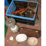 Various collectables, including old oil lamp, etc.