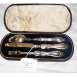 A silver knife, fork and spoon set in presentation case