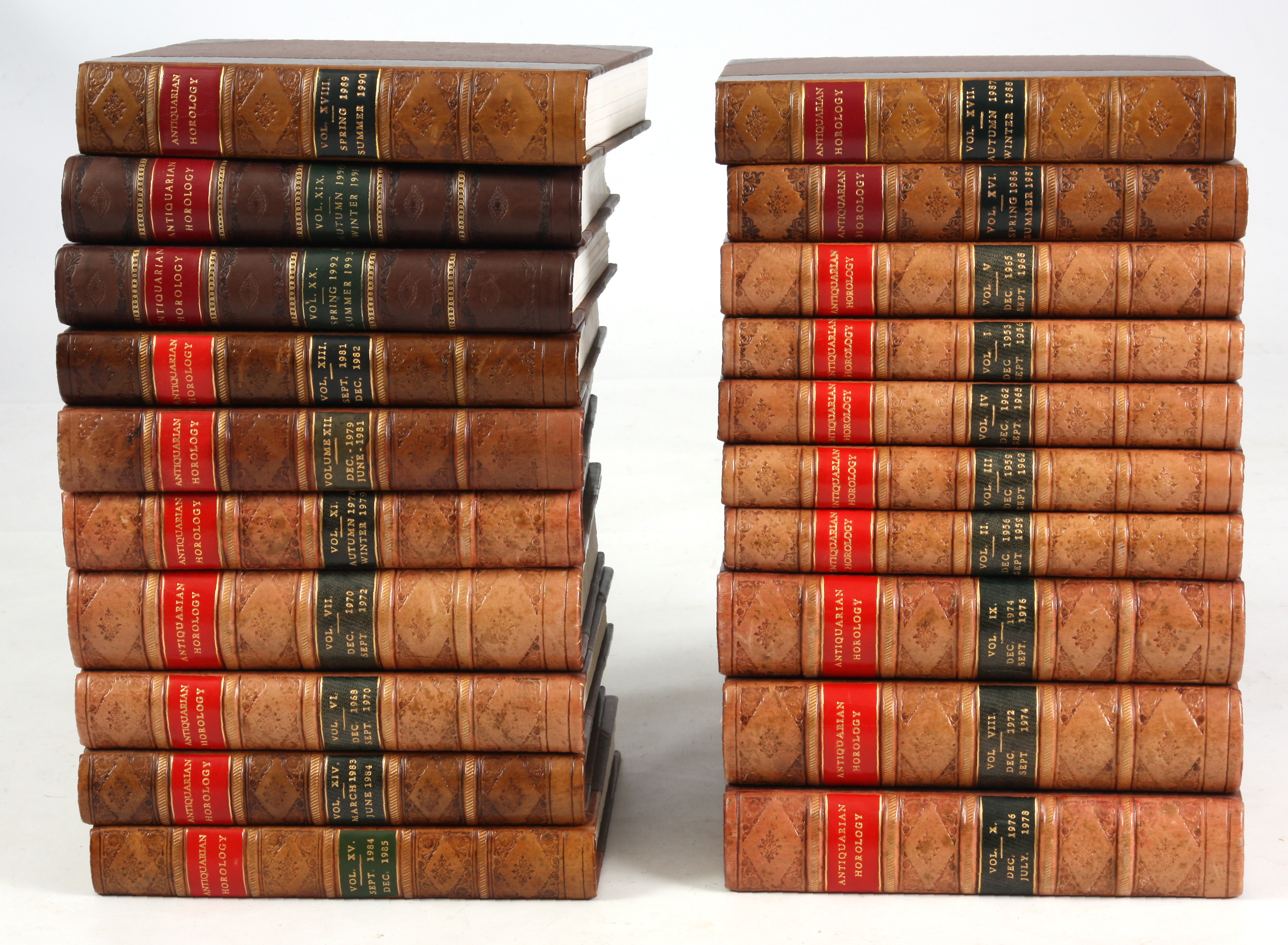 A SET OF 20 LEATHER BOUND ANTIQUARIAN HOROLOGY BOOKS.