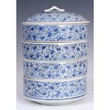 A CHINESE EXPORT BLUE AND WHITE STACKING SET OF DISHES with domed lid and leaf work decoration.