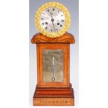 A LATE 19TH CENTURY FRENCH INLAID SATINWOOD MANTEL CLOCK/ BAROMETER having a pillar-shaped case with