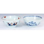 TWO EARLY 19TH CENTURY CHINESE BOWLS with floral painted decoration and landscape scenes, the