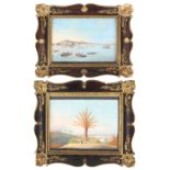 A PAIR OF LATE 19TH CENTURY GOUACHE LANDSCAPES of the bay of Naples – in stained wood and gilt swept