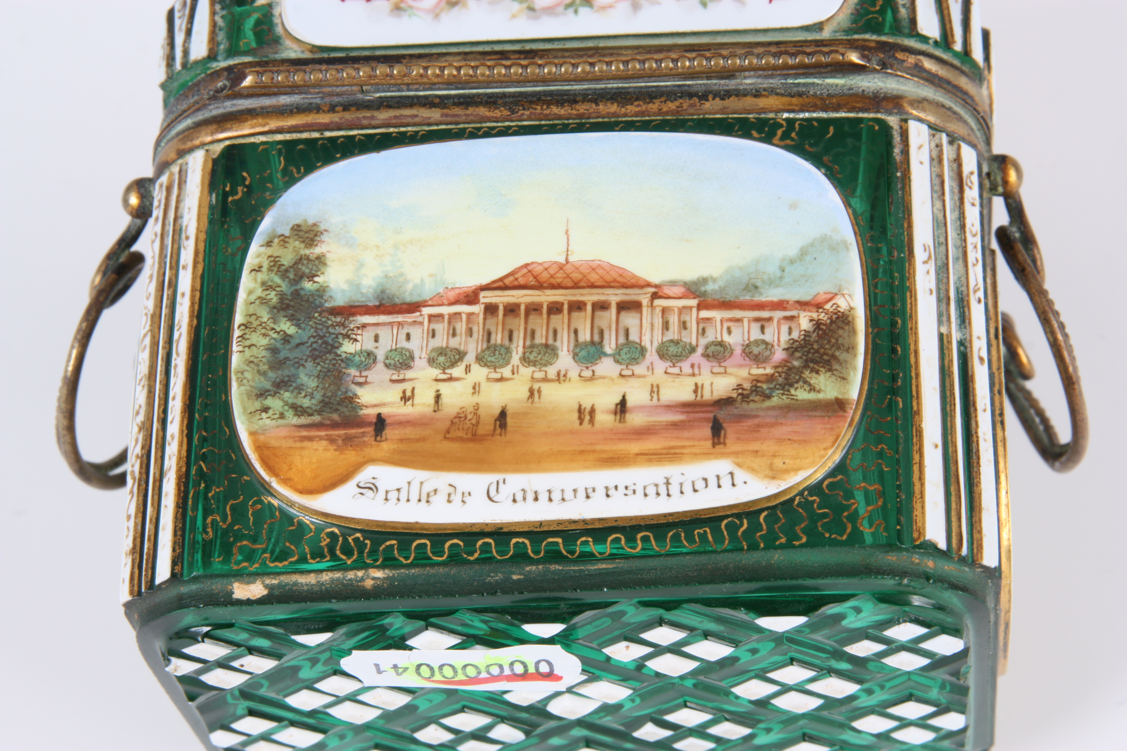 A 19TH CENTURY BOHEMIAN GREEN GLASS RECTANGULAR CASKET decorated with hand-painted scenes of country - Image 7 of 7