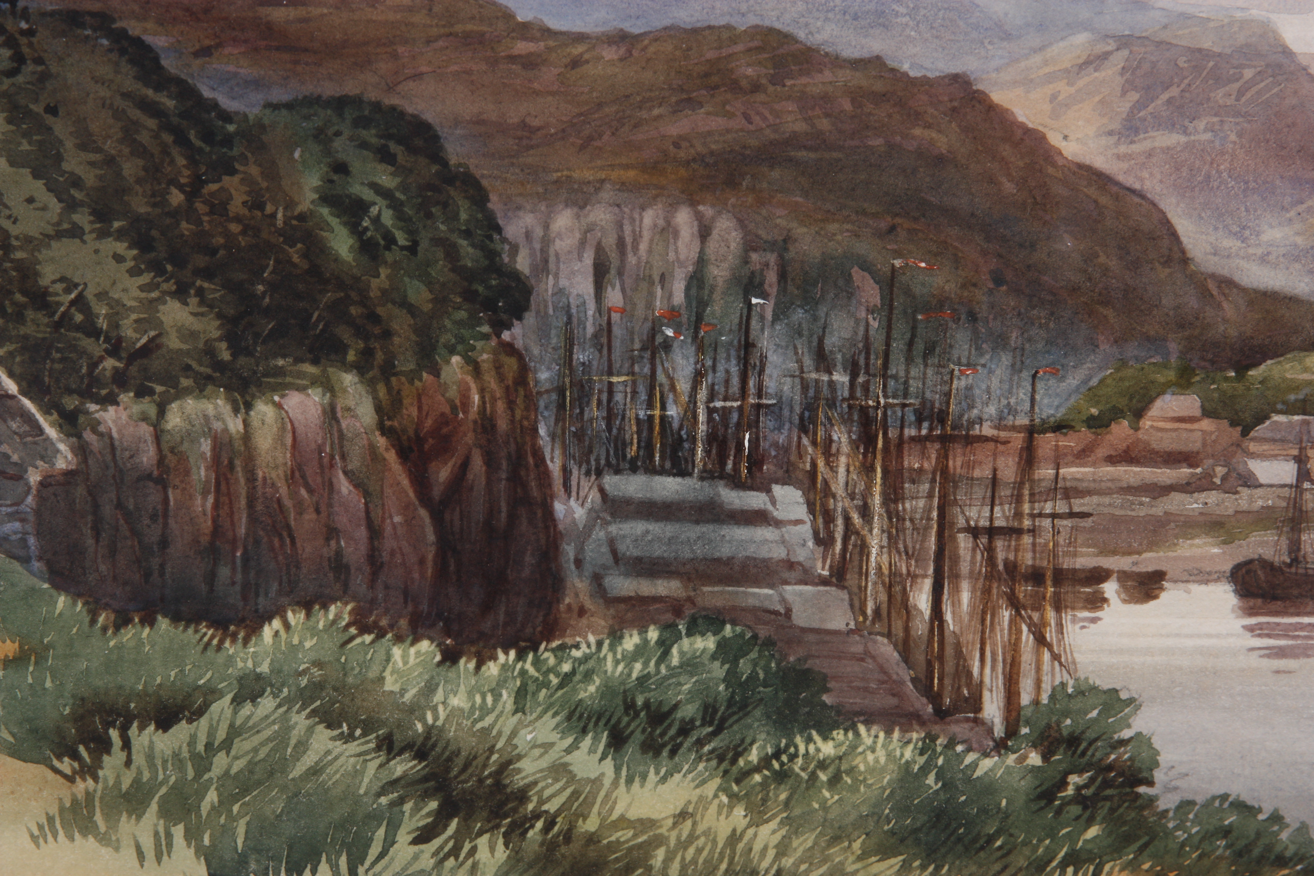 E. NICHOLSON 1870 WATERCOLOUR Landscape scene with estuary and boats 24.5cm high 45cm wide - - Image 5 of 5