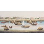 A LARGE MID 19TH CENTURY CHINESE GOUACHE PAINTING OF THE BUND IN SHANGHAI  with boats flying