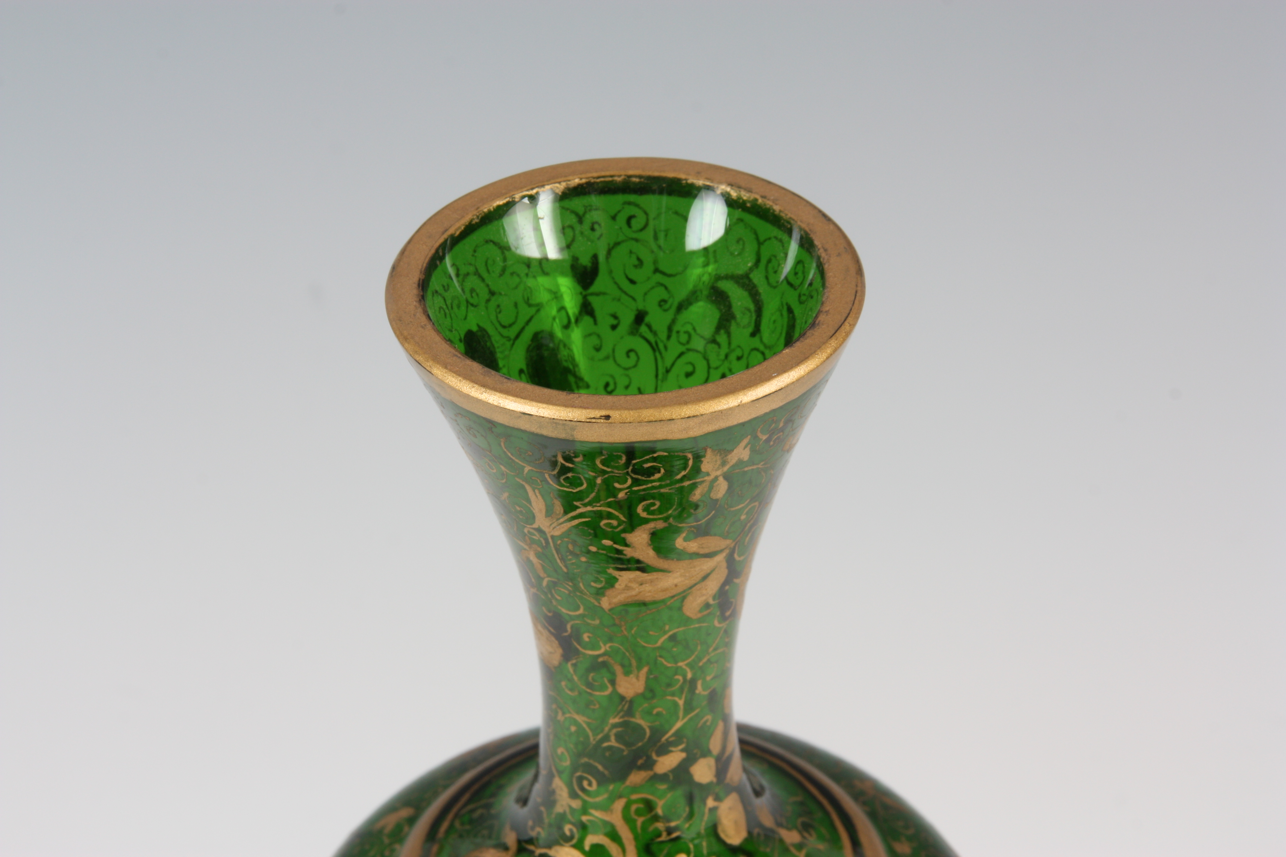 A 19TH CENTURY BOHEMIAN FLORAL GILT GREEN GLASS SLENDER VASE with a hand-painted portrait of a young - Image 2 of 6