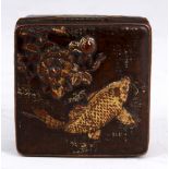 A BRONZE MEIJI PERIOD BRONZE AND GILT BRONZE PILL BOX with relief moulded carp decoration to the