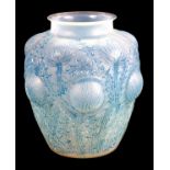 AN R. LALIQUE NO. 979, OPALESCENT AND BLUE GLASS DOMREMY THISTLE VASE with continuous flowerhead and