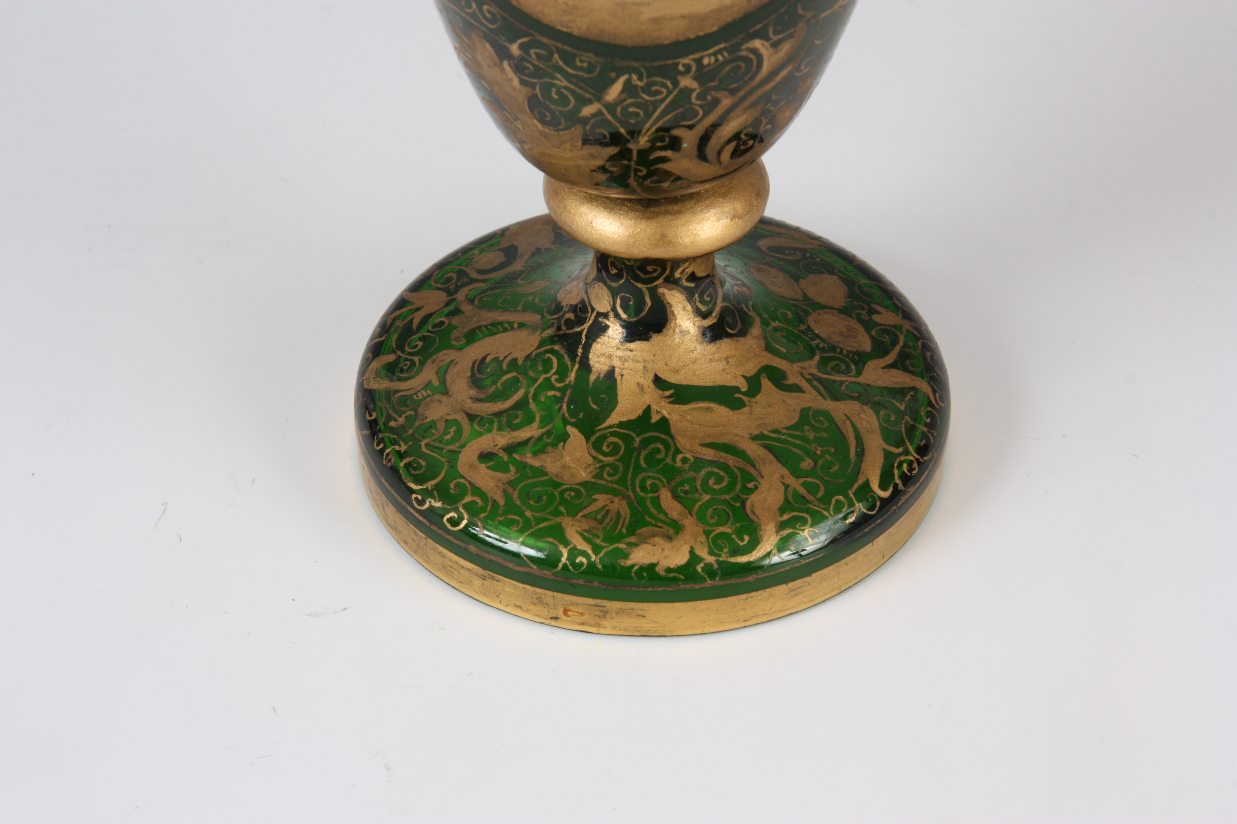 A 19TH CENTURY BOHEMIAN FLORAL GILT GREEN GLASS SLENDER VASE with a hand-painted portrait of a young - Image 5 of 6