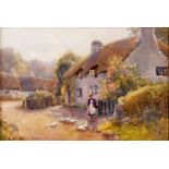 JAMES W MILLIKEN 1887 - 1930 WATERCOLOUR Cottage scene with young girl and geese 16cm high 23.5cm