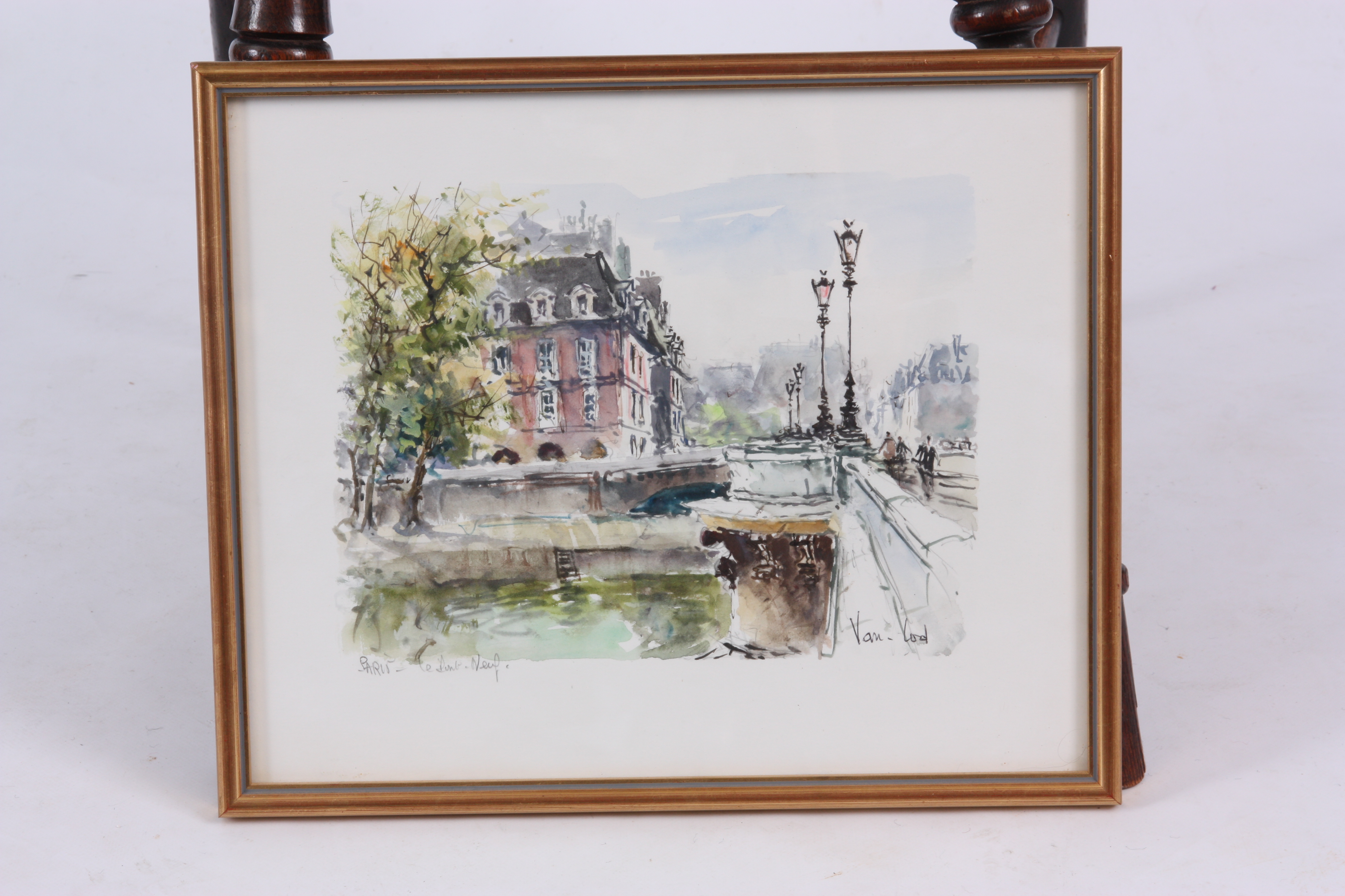 VAN LOD WATERCOLOUR Paris - Le Pont Neuf 29cm high 35cm wide - signed and titled in glazed gilt - Image 2 of 5