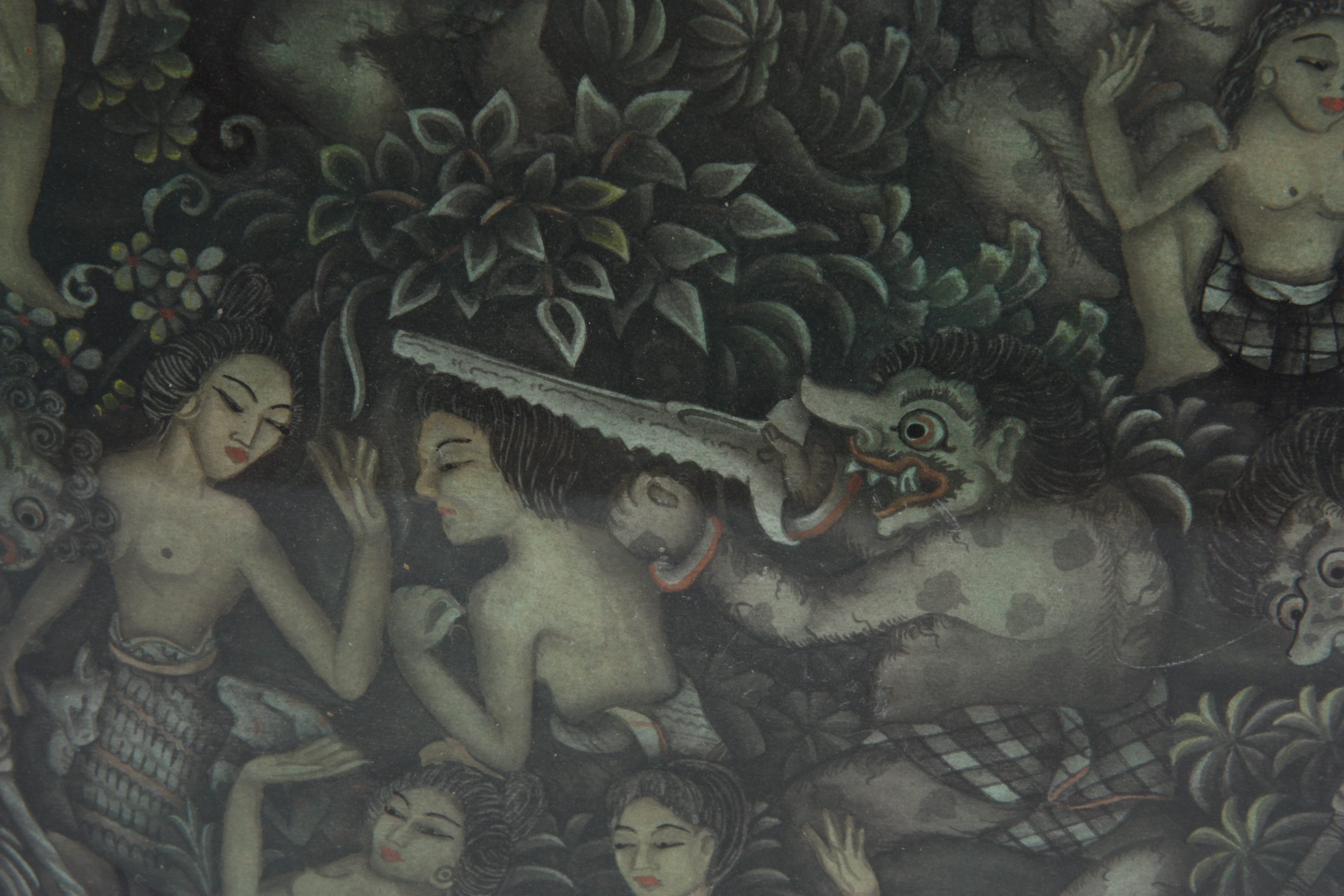 IDA BAGUS KETUT PANDA, BATUAN, BALI WATERCOLOUR SCENE OF MYTHICAL GODS WITH YOUNG WOMEN 42cm high - Image 4 of 8