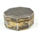 A LATE 19TH CENTURY SILVERED BRASS JAPANESE OCTAGONAL BOX with a lift-off lid having engraved