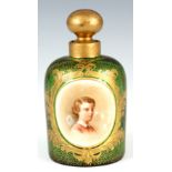 A 19TH CENTURY BOHEMIAN GILT GREEN GLASS CYLINDRICAL PERFUME BOTTLE with an oval portrait of a young