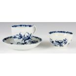 AN 18TH CENTURY BLUE AND WHITE FIRST PERIOD WORCESTER TRIO comprising of a teacup & saucer and a tea