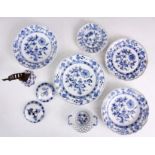 THREE MEISSEN BLUE AND WHITE SHALLOW DISHES, TWO CIRCULAR PLATES, A LATTICE-WORK BASKET (a.f), two