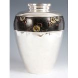 A LATE 19th CENTURY LARGE JAPANESE TAPERING SHOULDERED SILVER VASE with bronzed band applied with