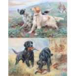 NORA DRUMMOND 1862-1949 WATERCOLOUR TITLED 'SETTERS MOVING OFF' AND 'AFTER THE SHOOT' 40cm high 61cm