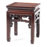 A 19/20TH CENTURY CHINESE HARDWOOD SQUARE OCCASIONAL TABLE with panelled top above carved fret-cut