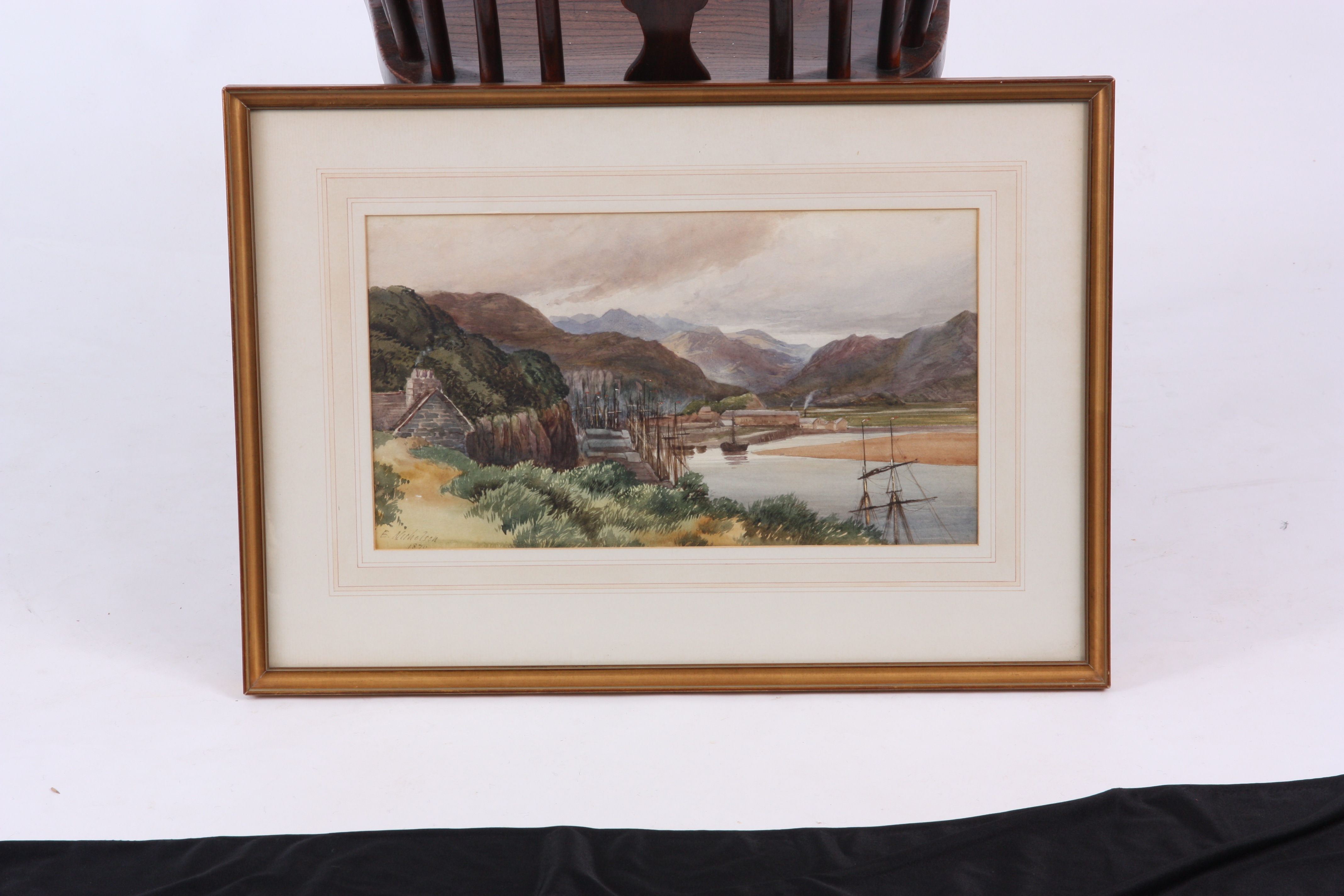 E. NICHOLSON 1870 WATERCOLOUR Landscape scene with estuary and boats 24.5cm high 45cm wide - - Image 2 of 5