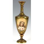 A 19TH CENTURY BOHEMIAN FLORAL GILT GREEN GLASS BULBOUS VASE with a hand painted oval portrait of