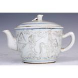 A CHINESE PORCELAIN TEAPOT with engraved decoration depicting figures on horseback amongst a