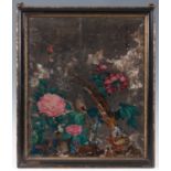 A 19th CENTURY CHINESE REVERSE PAINTED MIRROR decorated with three pheasants in a floral setting and