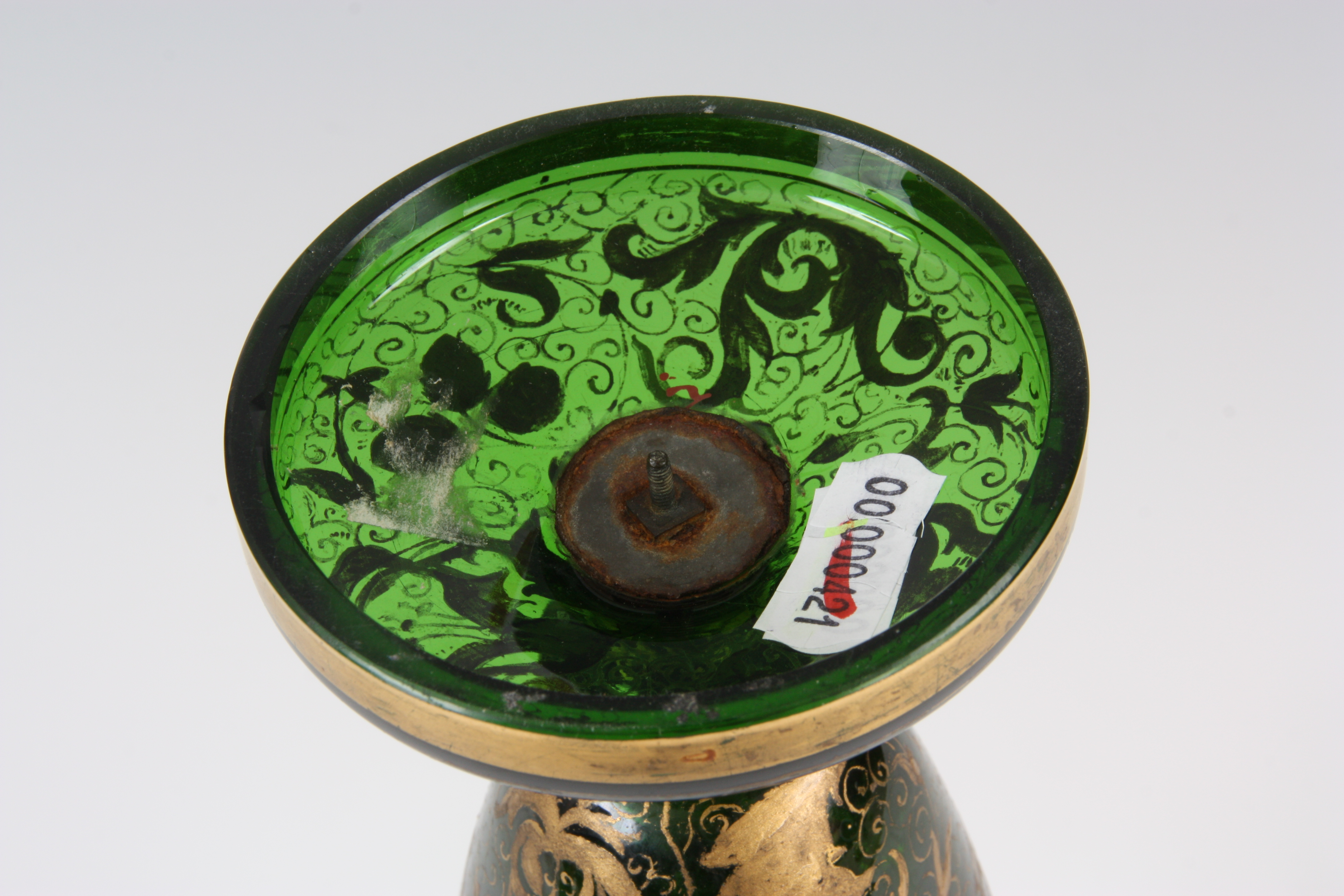 A 19TH CENTURY BOHEMIAN FLORAL GILT GREEN GLASS SLENDER VASE with a hand-painted portrait of a young - Image 6 of 6