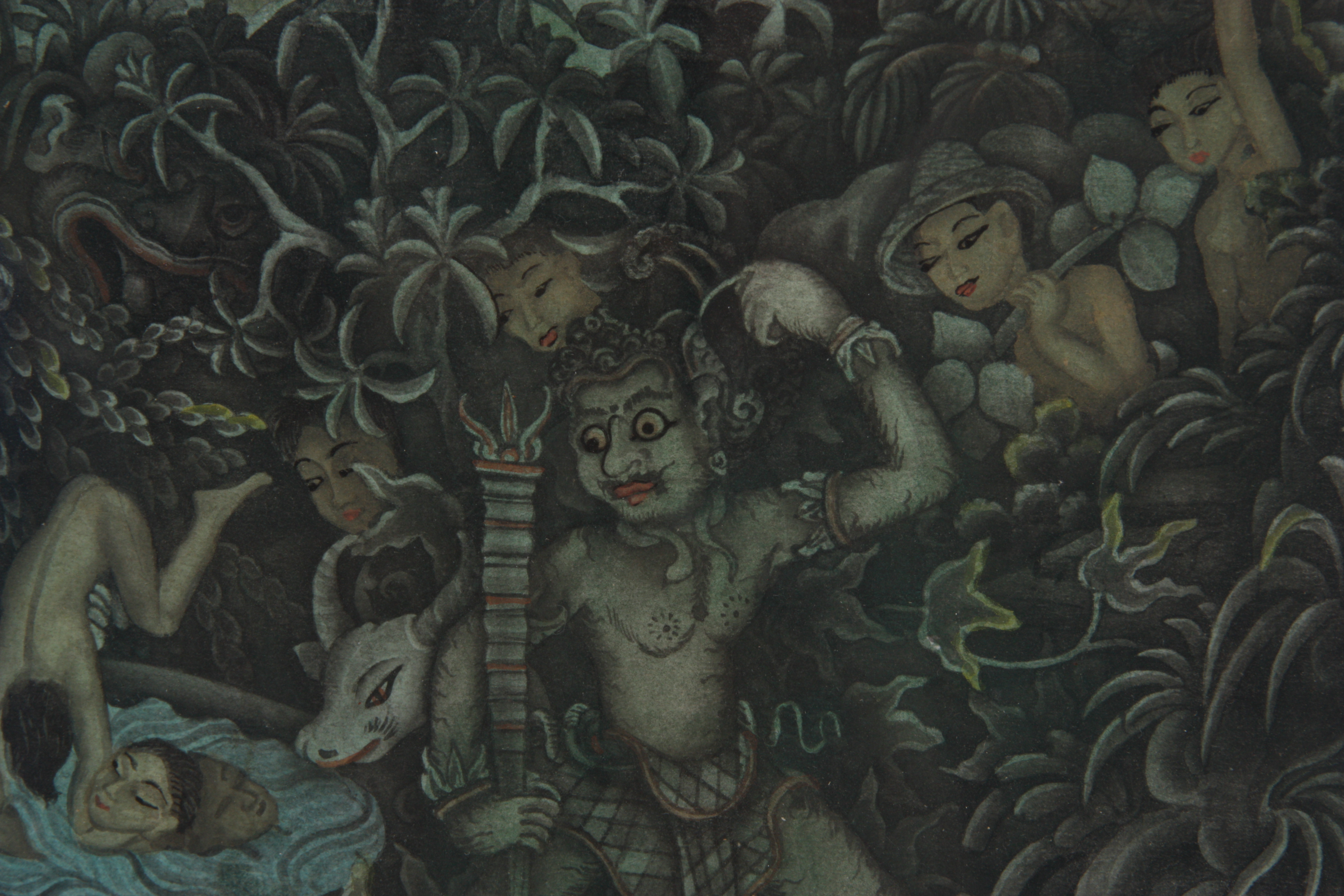 IDA BAGUS KETUT PANDA, BATUAN, BALI WATERCOLOUR SCENE OF MYTHICAL GODS WITH YOUNG WOMEN 42cm high - Image 3 of 8