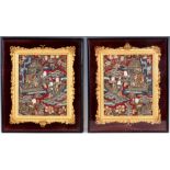 A PAIR OF 18TH CENTURY ORIENTAL NEEDLEWORK PANELS finely worked within gilt thread borders with