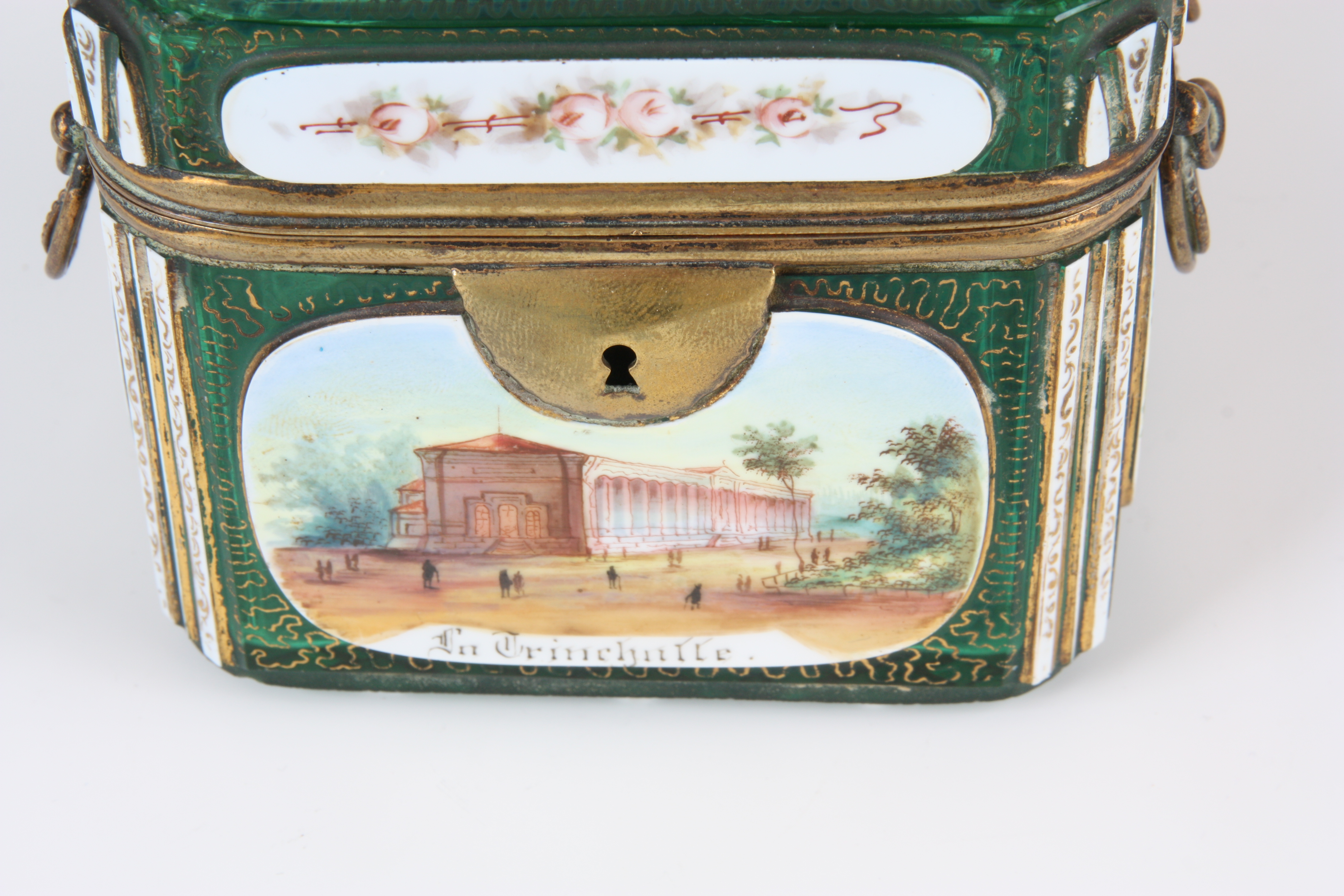 A 19TH CENTURY BOHEMIAN GREEN GLASS RECTANGULAR CASKET decorated with hand-painted scenes of country - Image 3 of 7